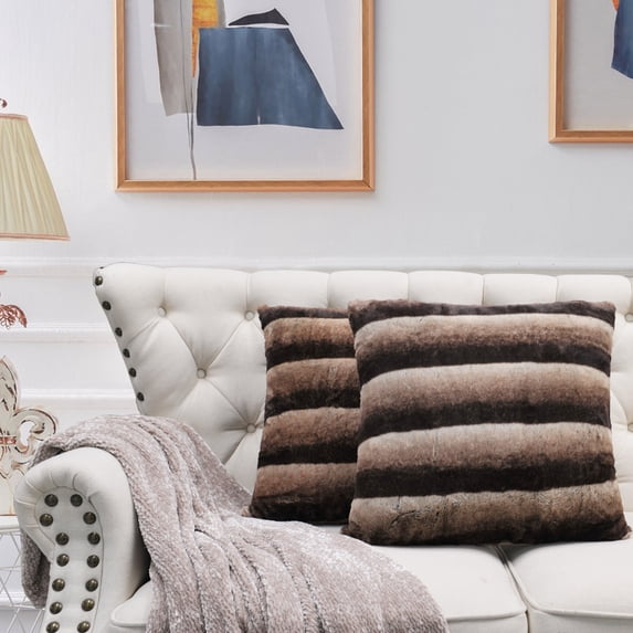 Home Soft Things Tip Printing Light Faux Fur Throw Pillow Cover Set of 2, 20'' x 20'', Meru Stripe Carafe