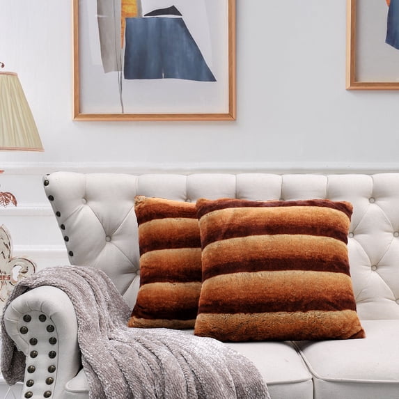 Home Soft Things Tip Printing Light Faux Fur Pillow Covers, Set of 2, 20"x 20", Meru Stripe Umber