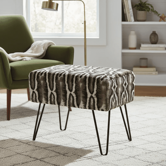 Home Soft Things Tip Printing Light Faux-fur Ottoman - Meru GEO Light Brown - 19" x 13" x 17"