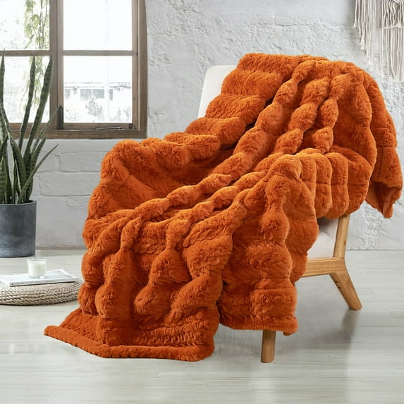 Home Soft Things Tread Pattern Faux Fur Throw Blanket with Micromink Back, Luxury Soft Cozy Plush Fluffy Fuzzy Reversible Thick Warm Throw Blanket, 50x60 inches, Burnt Orange