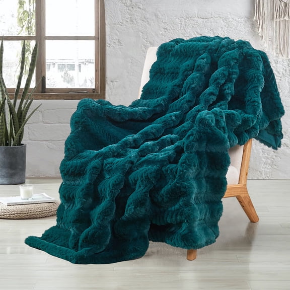 Home Soft Things Tread Pattern Faux Fur Throw Blanket with Micromink Back, Luxury Soft Cozy Plush Fluffy Fuzzy Reversible Thick Warm Throw Blanket, 50x60 inches, Teal