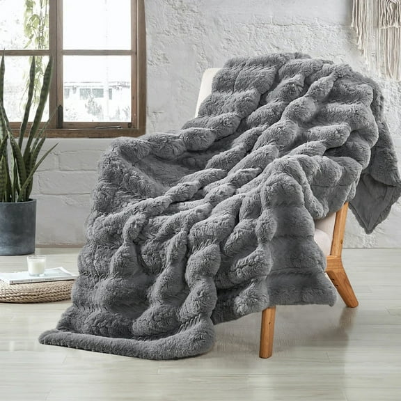 Home Soft Things Tread Pattern Faux Fur Throw Blanket with Micromink Back, Luxury Soft Cozy Plush Fluffy Fuzzy Reversible Thick Warm Throw Blanket, 50x60 inches, Grey