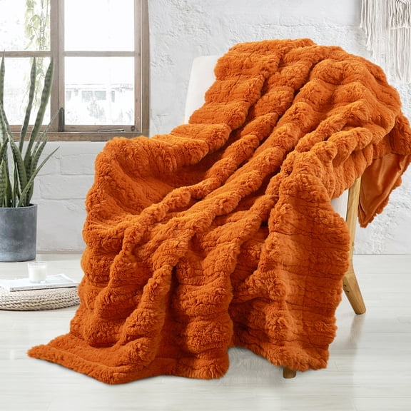 Home Soft Things Tread Pattern Faux Fur Throw Blanket with Micromink Back, Luxury Soft Cozy Plush Fluffy Fuzzy Reversible Thick Warm Throw Blanket, 50x60 inches, Burnt Orange