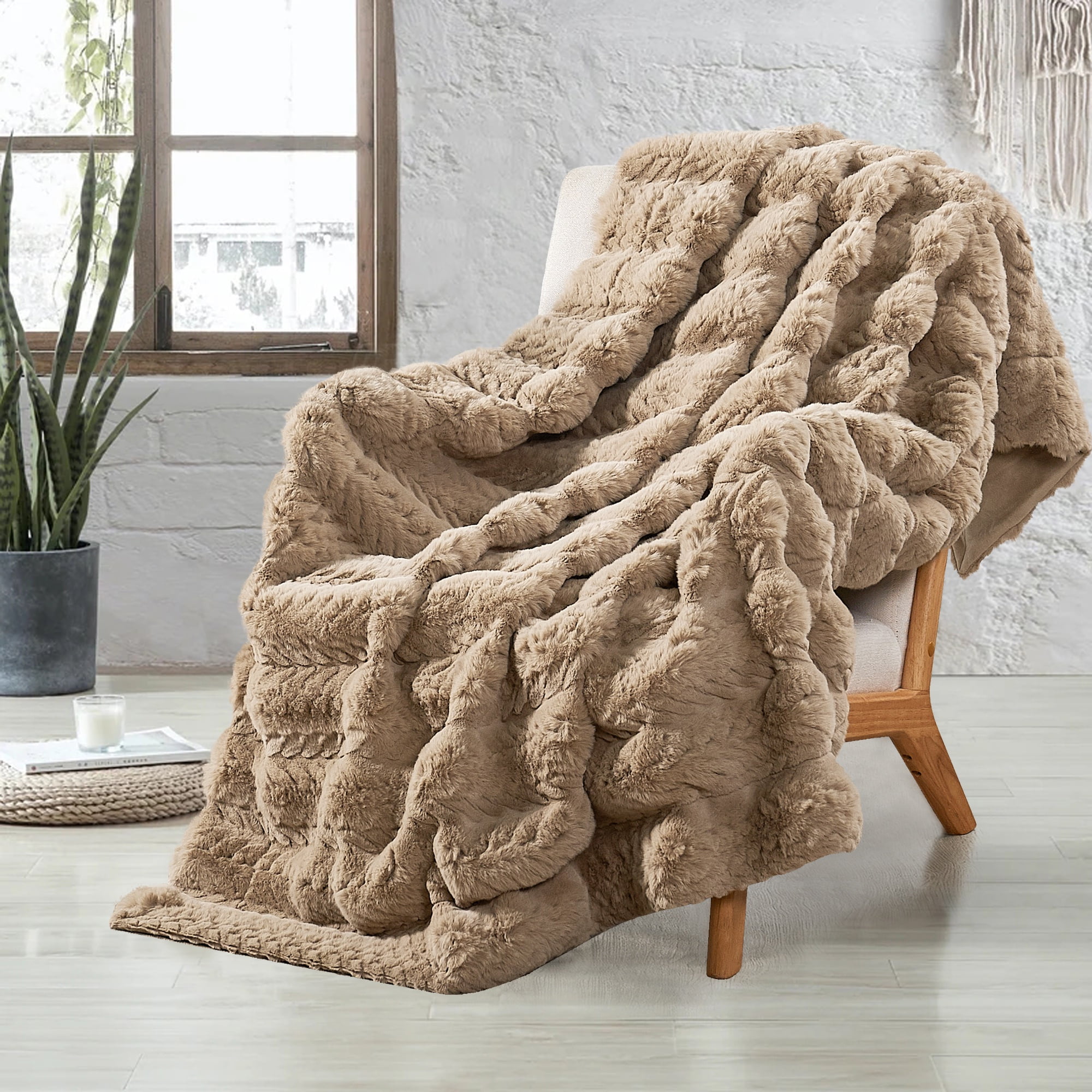 Home Soft Things Tread Pattern Faux Fur Throw Blanket with Micromink Back, Luxury Soft Cozy Plush Fluffy Fuzzy Reversible Thick Warm Throw Blanket, 60x70 inches, Light Taupe