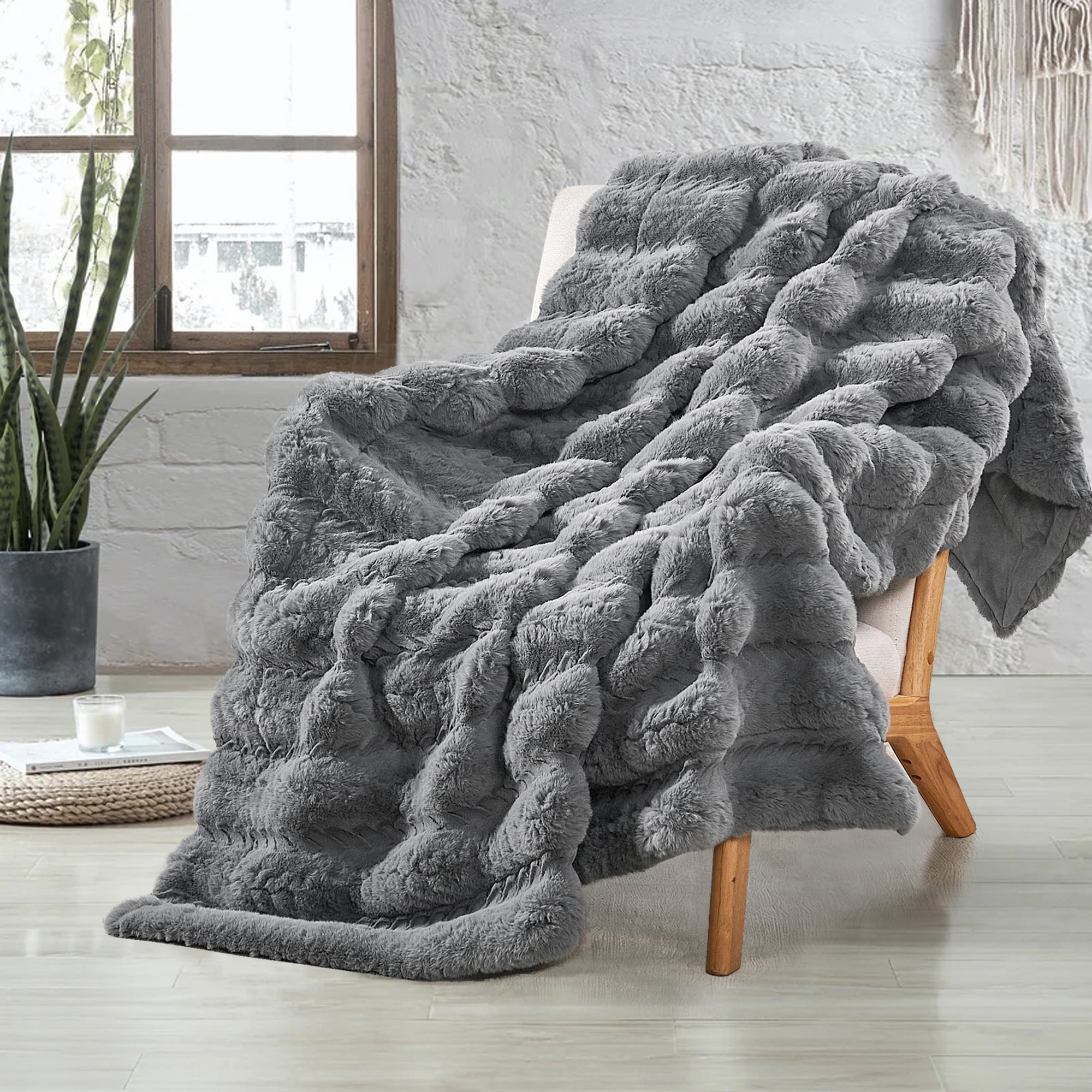 Home Soft Things Tread Pattern Faux Fur Throw Blanket with Micromink Back, Luxury Soft Cozy Plush Fluffy Fuzzy Reversible Thick Warm Throw Blanket, 60x70 inches, Grey