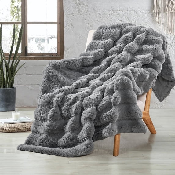 Home Soft Things Tread Pattern Faux Fur Throw Blanket with Micromink Back, Luxury Soft Cozy Plush Fluffy Fuzzy Reversible Thick Warm Throw Blanket, 60x70 inches, Grey