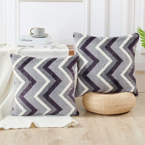 Home Soft Things Trendy Faux Fur Pillow Covers, Set of 2, 20"x20", Chevron-Grey Purple