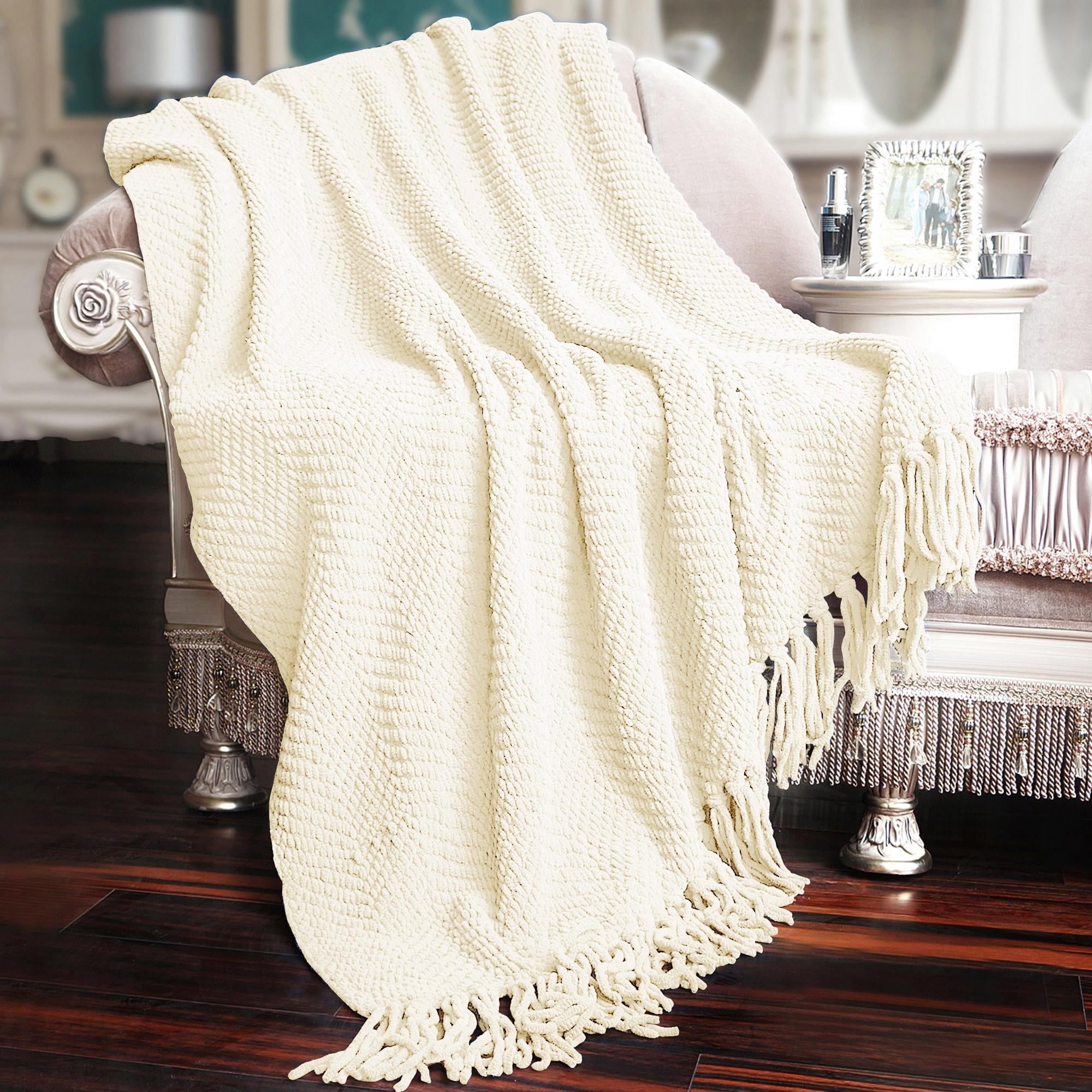 Antique White Knitted Tweed Reversible Throw Blanket 50" x 60"