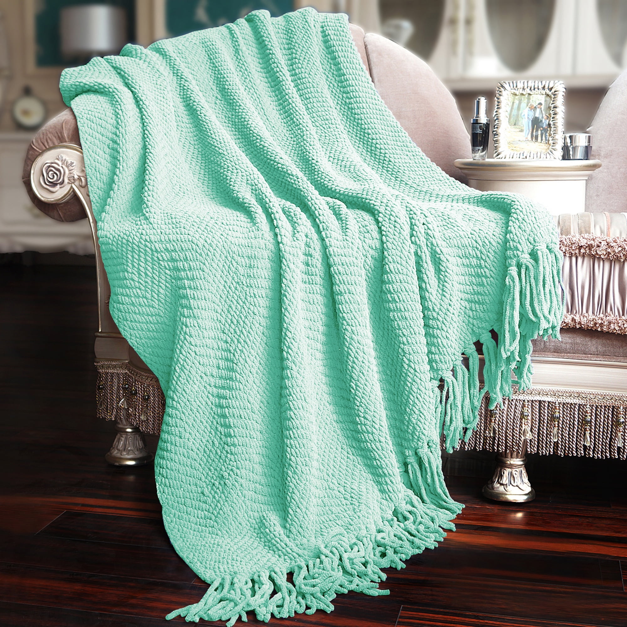 Bay Green Knitted Microfiber Reversible Throw Blanket