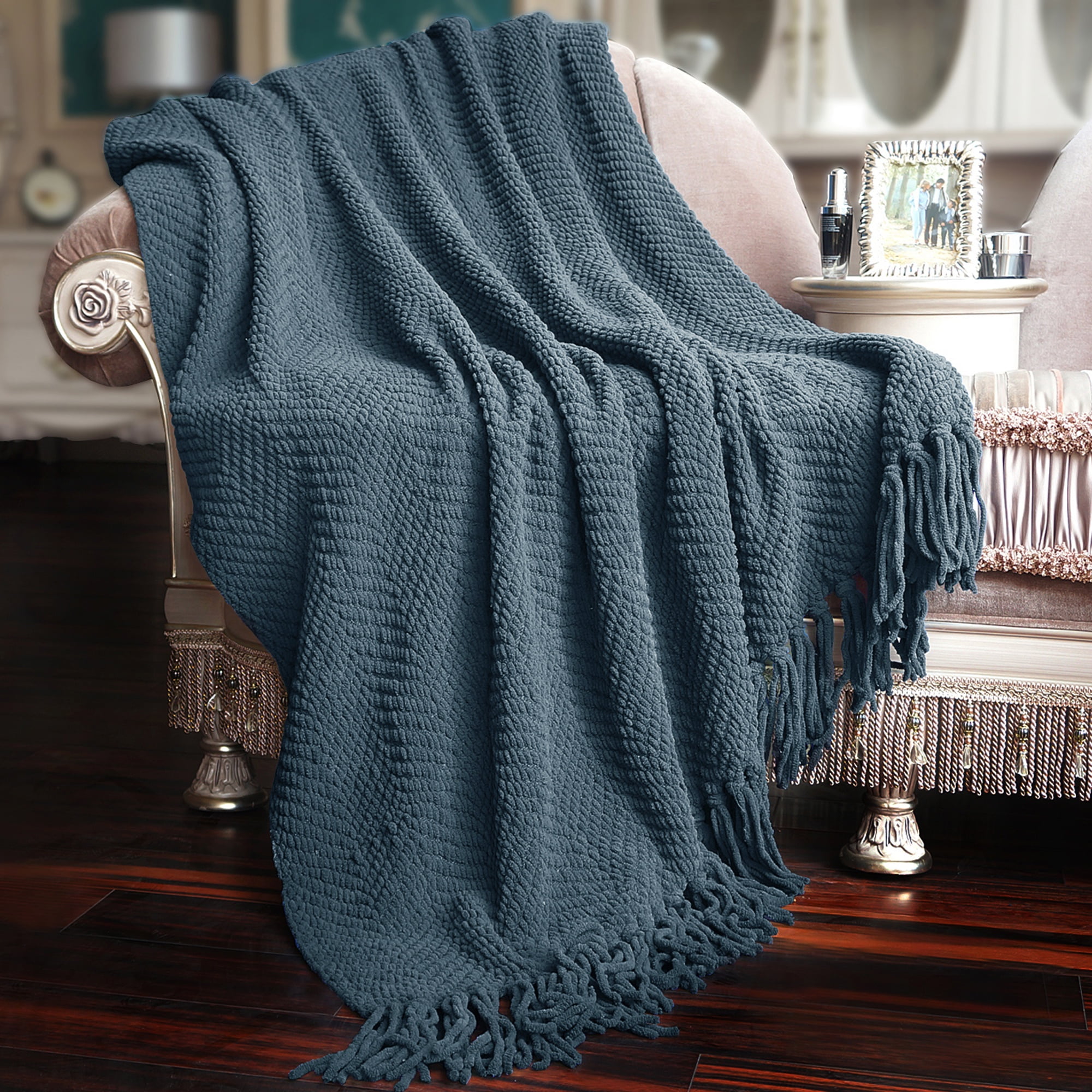 Blue Wing Teal Microfiber Tweed Throw Blanket with Tassels, 50x60"