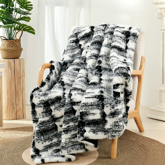 Home Soft Things Two Tone Artistic Faux Fur Throw Blanket with Micromink Back, Luxury Soft Cozy Plush Fluffy Fuzzy Reversible Thick Warm Throw Blanket, 50x60 inches, Black White