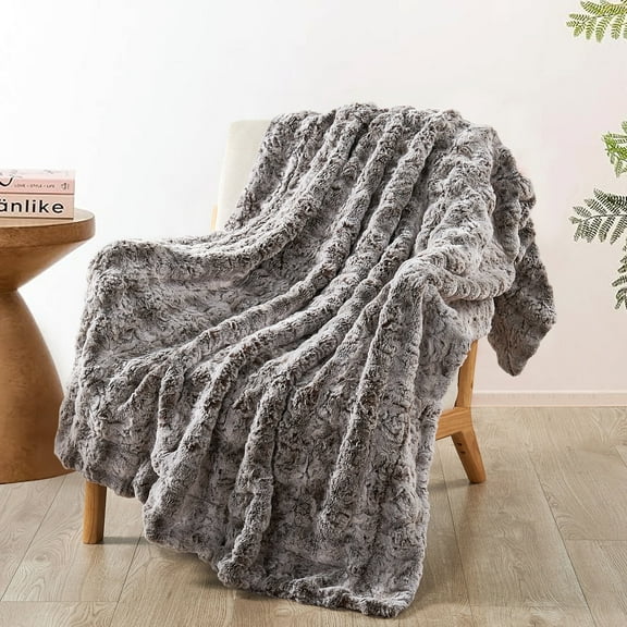 Home Soft Things Variegated Faux Fur Throw Blanket with Micromink Back, Luxury Soft Cozy Plush Fluffy Fuzzy Reversible Thick Warm Throw Blanket, 50x60 inches, Coffee