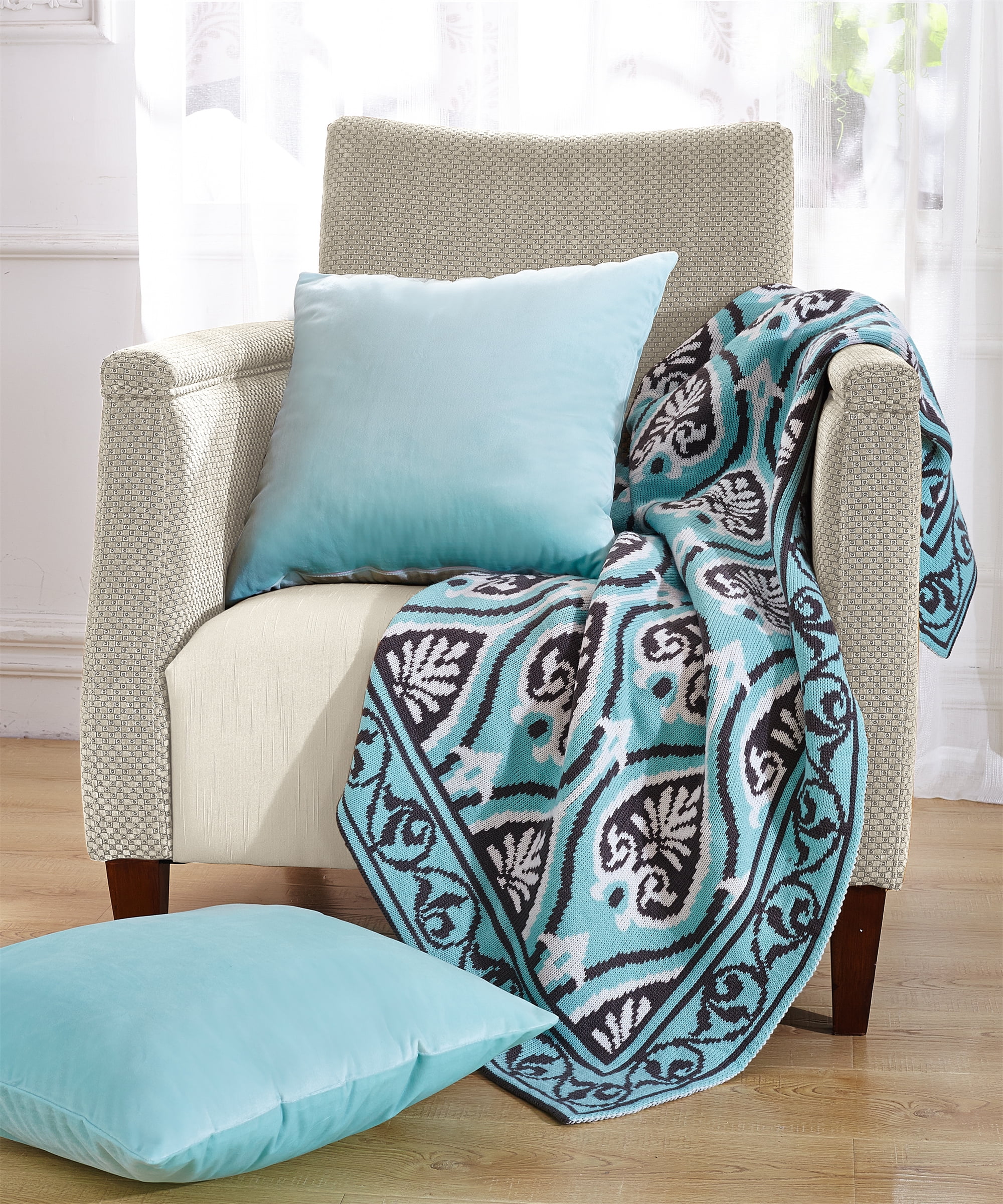 Neapoli Aqua and Black Knitted Throw Blanket with Pillow Covers