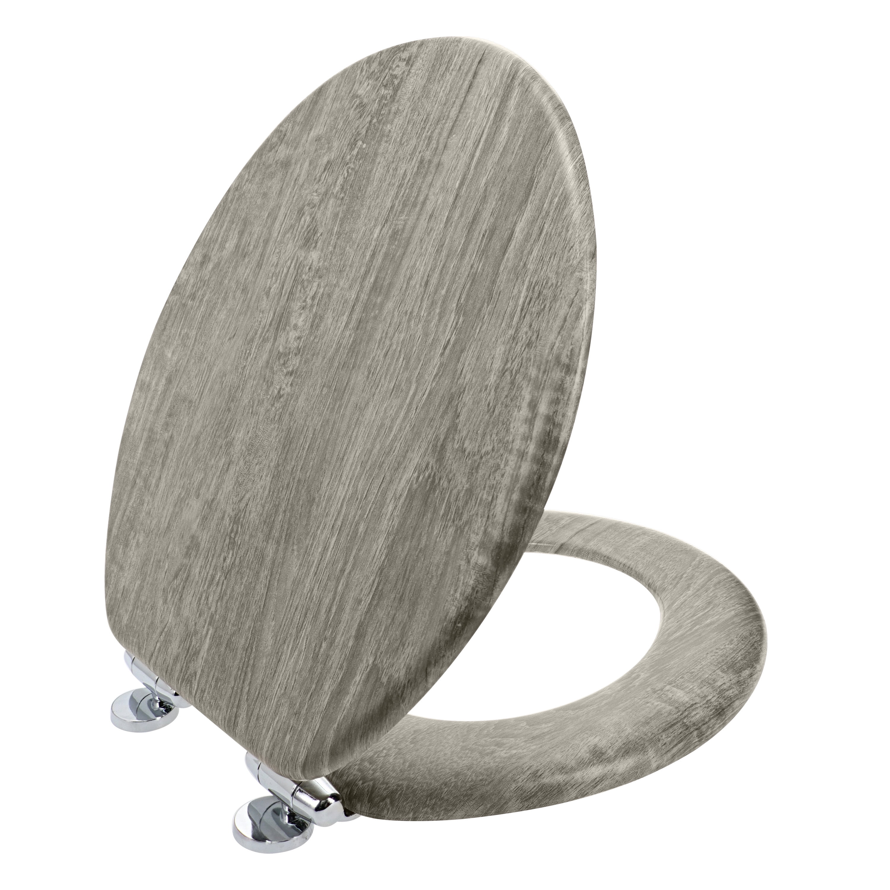 Round Distressed Gray Molded Wood Toilet Seat with Chrome Hinges