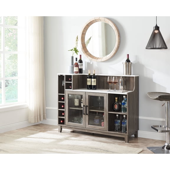 Home Source 36.6" Buffet Bar Cabinet with Wine and Glass Rack, Farmhouse Coffee Station Cabinet, Sideboard Liquor Cabinet with Storage for Kitchen, Dining Room, Stone Grey