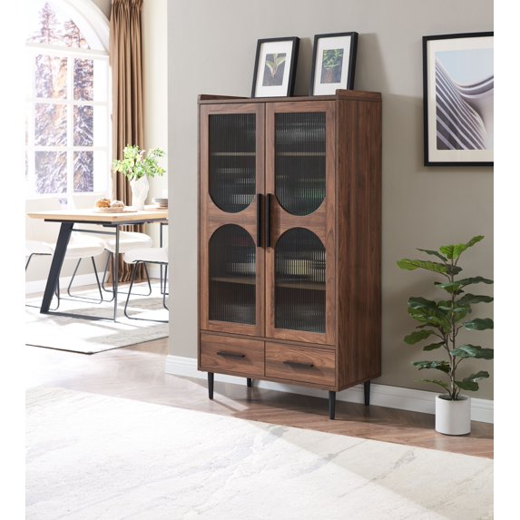 Home Source 59' Exquisite Bar Wine Cabinet with Glass Door, 4 Adjustable Shelves, Dedicated Wine Glass Stemware Rack, and 2 Convenient Drawers for Utmost Elegance and Organization