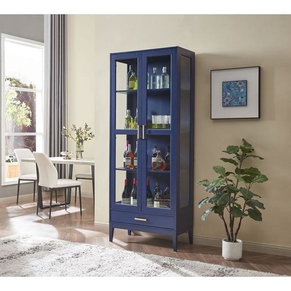 Home Source 79" Enchanta Glass Elegance Collection: Curio Cabinet with Tall Glass Doors (Blue)