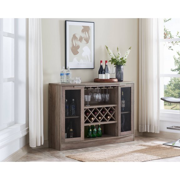 Home Source Bar Cabinet with Curved Wire Mesh Doors in Stone Grey Finish