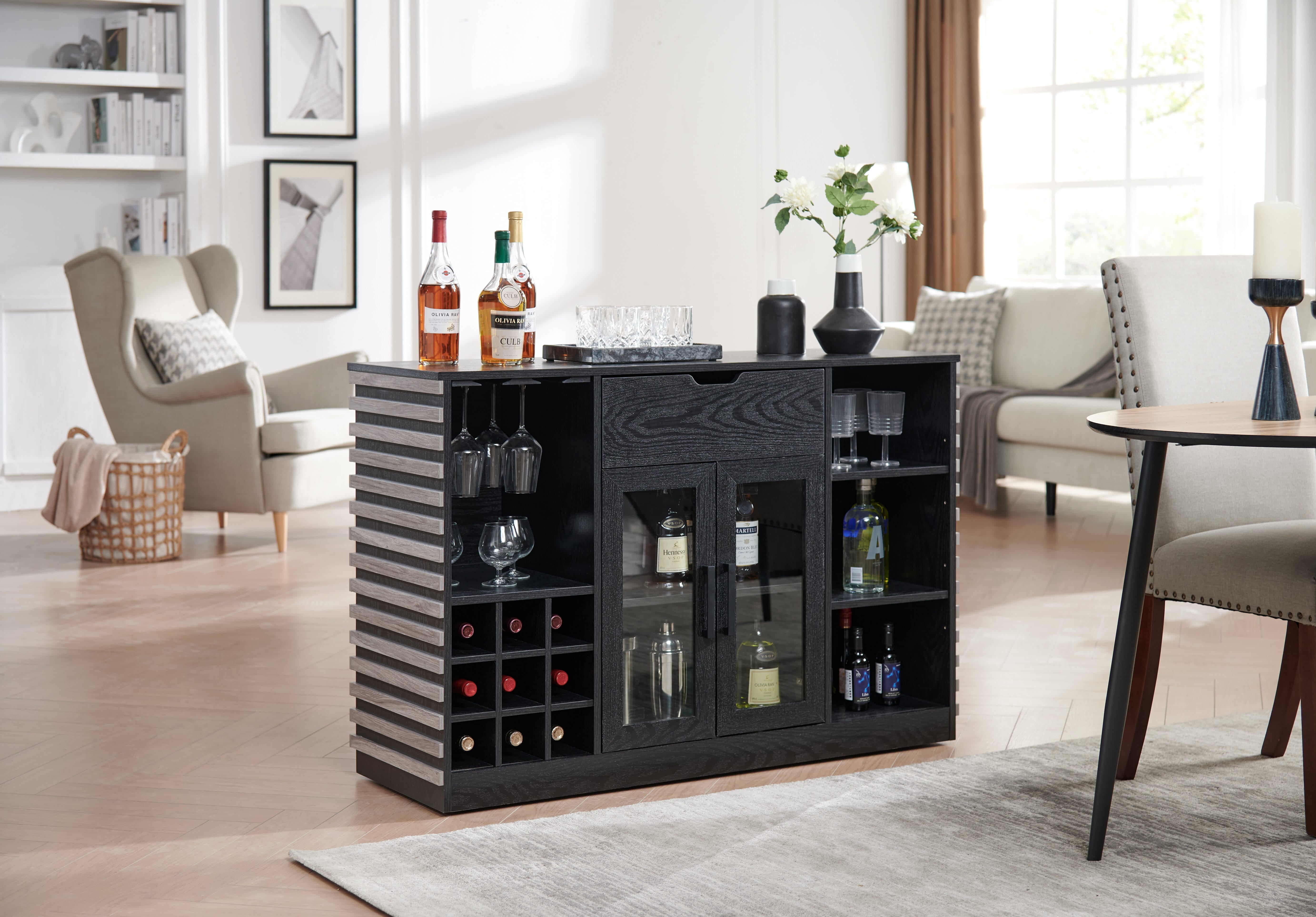 Home Source Bar with Glass Doors and Drawers