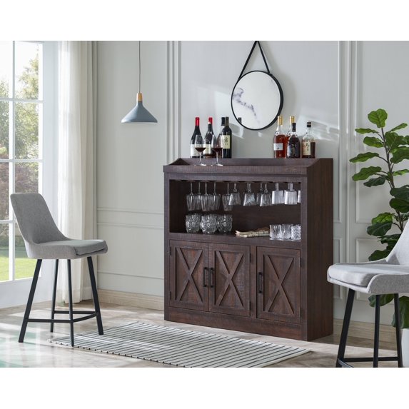 Home Source Bar Cabinet with Stem Glass Placement and Wooden Doors in Mahogany