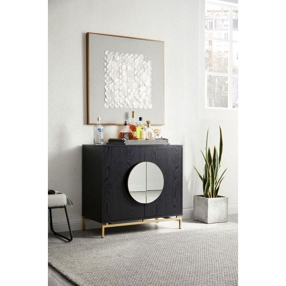 Home Source Black Console Bar Cabinet with Half Moon Handles