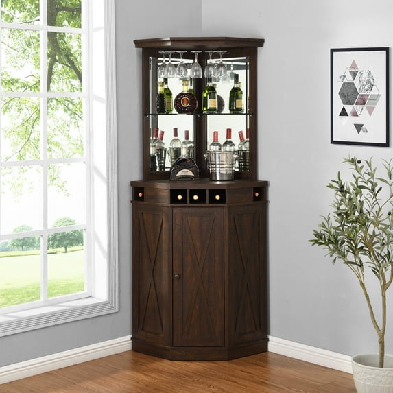 Home Source Corner Bar Unit with Two Glass Shelves, built-in Wine Rack and Lower Cabinet, Mahogany