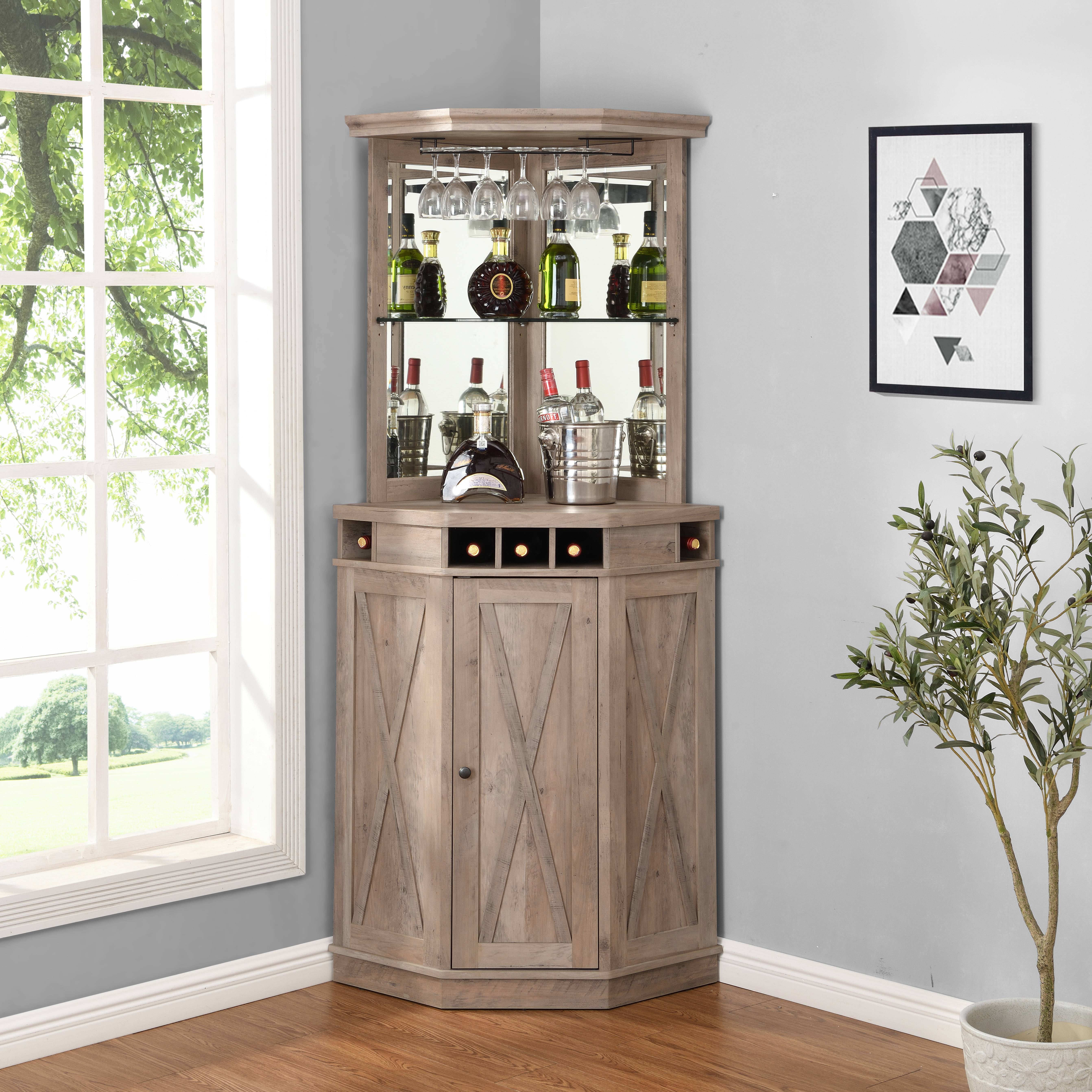 Home Source Corner Bar Unit with Two Glass Shelves, built-in Wine Rack and  Lower Cabinet, Stone Grey, image size:5369x5369