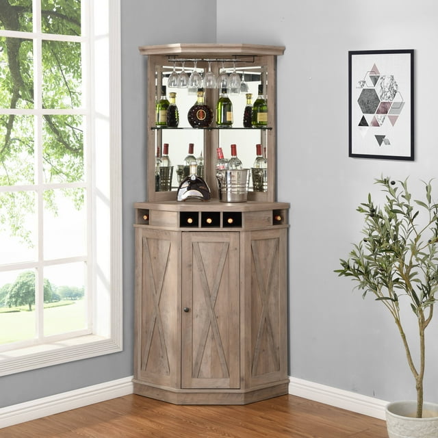 Home Source Corner Bar Unit with Two Glass Shelves, builtin Wine Rack and Lower Stone