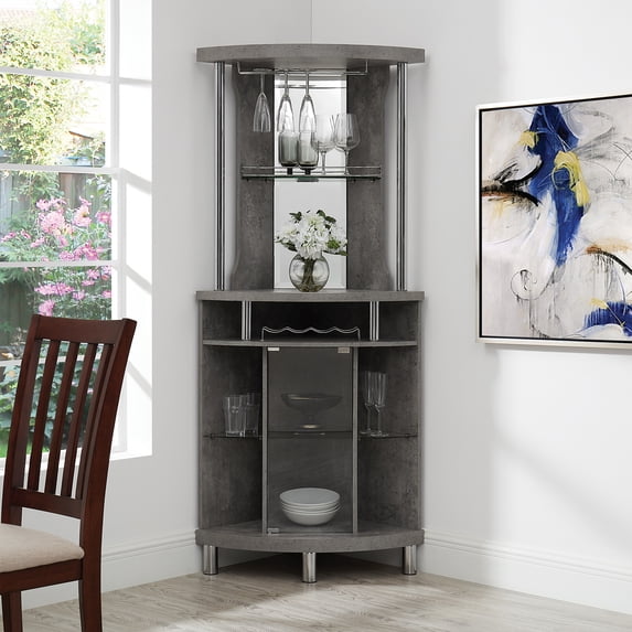Home Source Corner Bar with Built-in Wine Rack and Lower Cabinet in Concrete Finish