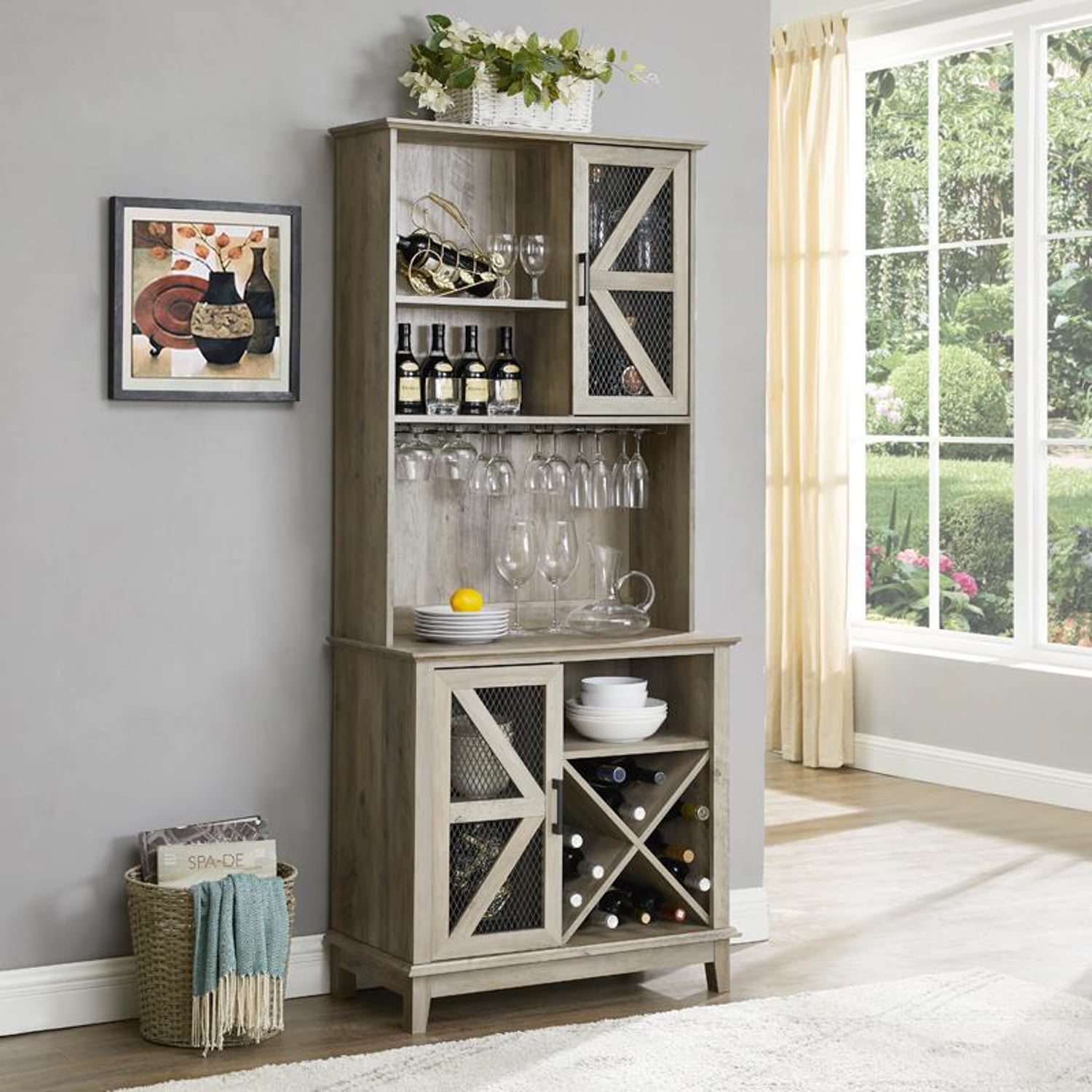 Home Source Bar Cabinet with Wine Rack in Grey Wash Finish