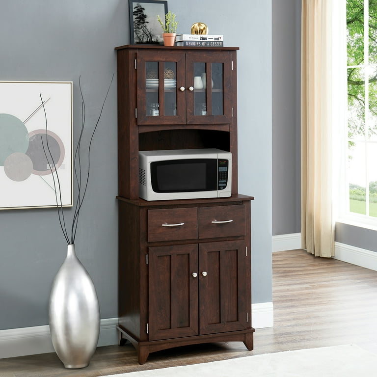 Home Source Espresso Microwave Stand with Top and Bottom Cabinets