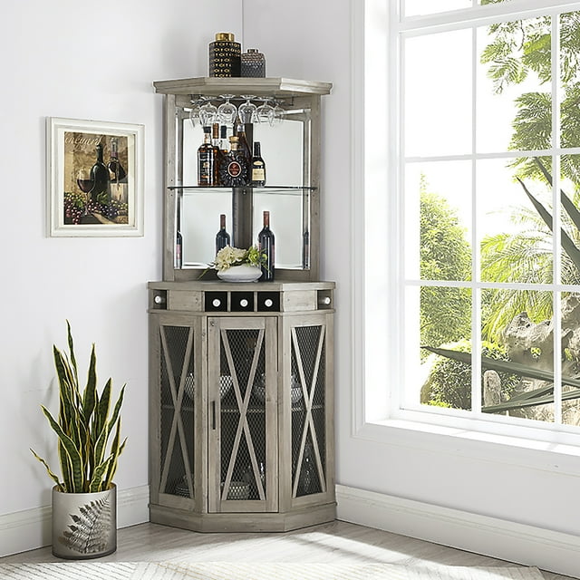 Home Source Stone Grey Corner Bar Unit with builtin Wine Rack and