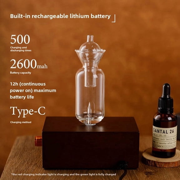 Home Spa Aromatherapy Diffuser in Wood and Glass, Rechargeable Portable with 2600mAh Battery and 40-45 Hours Run Time
