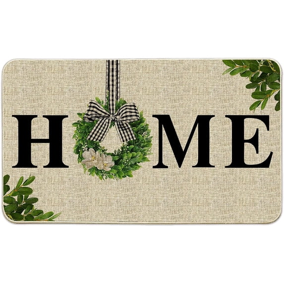 Home Spring Door Mats Outdoor 17x29 Inch, Welcome Mats for Front Door, Spring Boxwood Wreath Farmhouse Buffalo Plaid Doormats for Indoor or Outdoor Spring and Summer Decor for Home