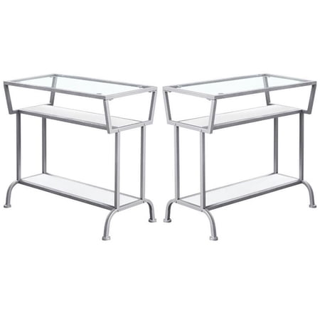 Home Square 12" Glass Top Accent End Table in White and Silver - Set of 2