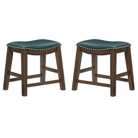 Home Square 18" Faux Leather Saddle Dining Stool in Green - Set of 2