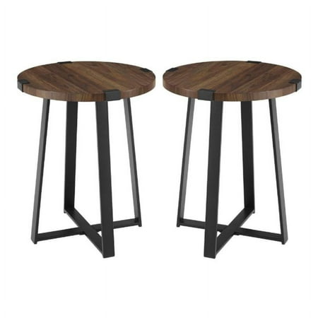 Home Square 18" Metal Wrap Round Side Table in Dark Walnut - Set of 2