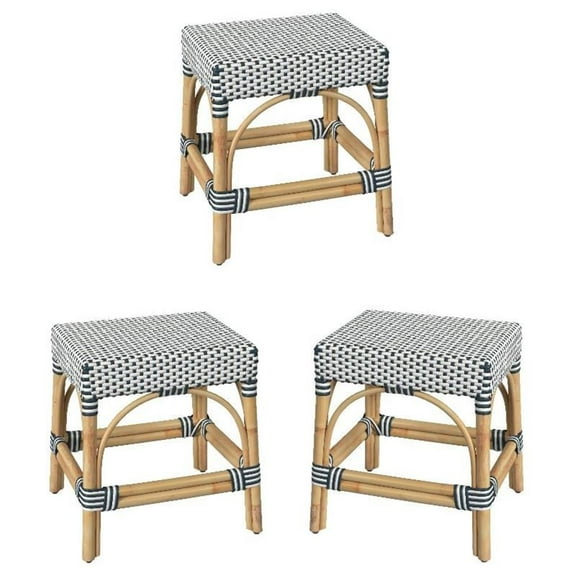 Home Square 18" Rattan Dining Stool in White & Navy - Set of 3