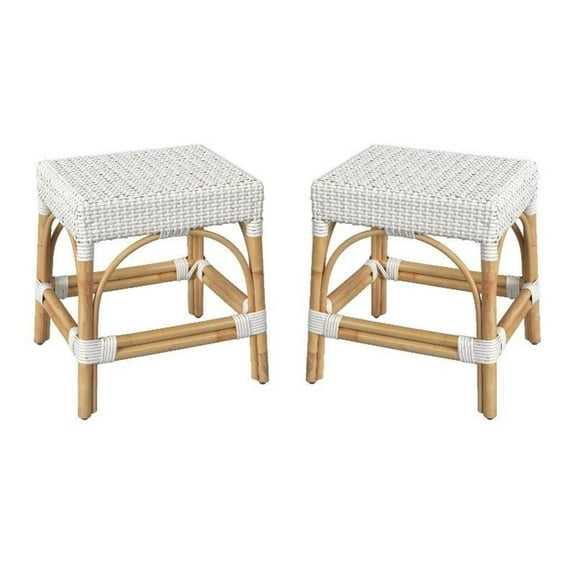 Home Square 18" Rattan Rectangular Dining Stool in White - Set of 2