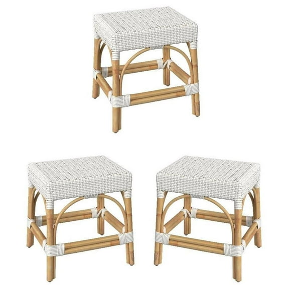 Home Square 18" Rattan Rectangular Dining Stool in White - Set of 3