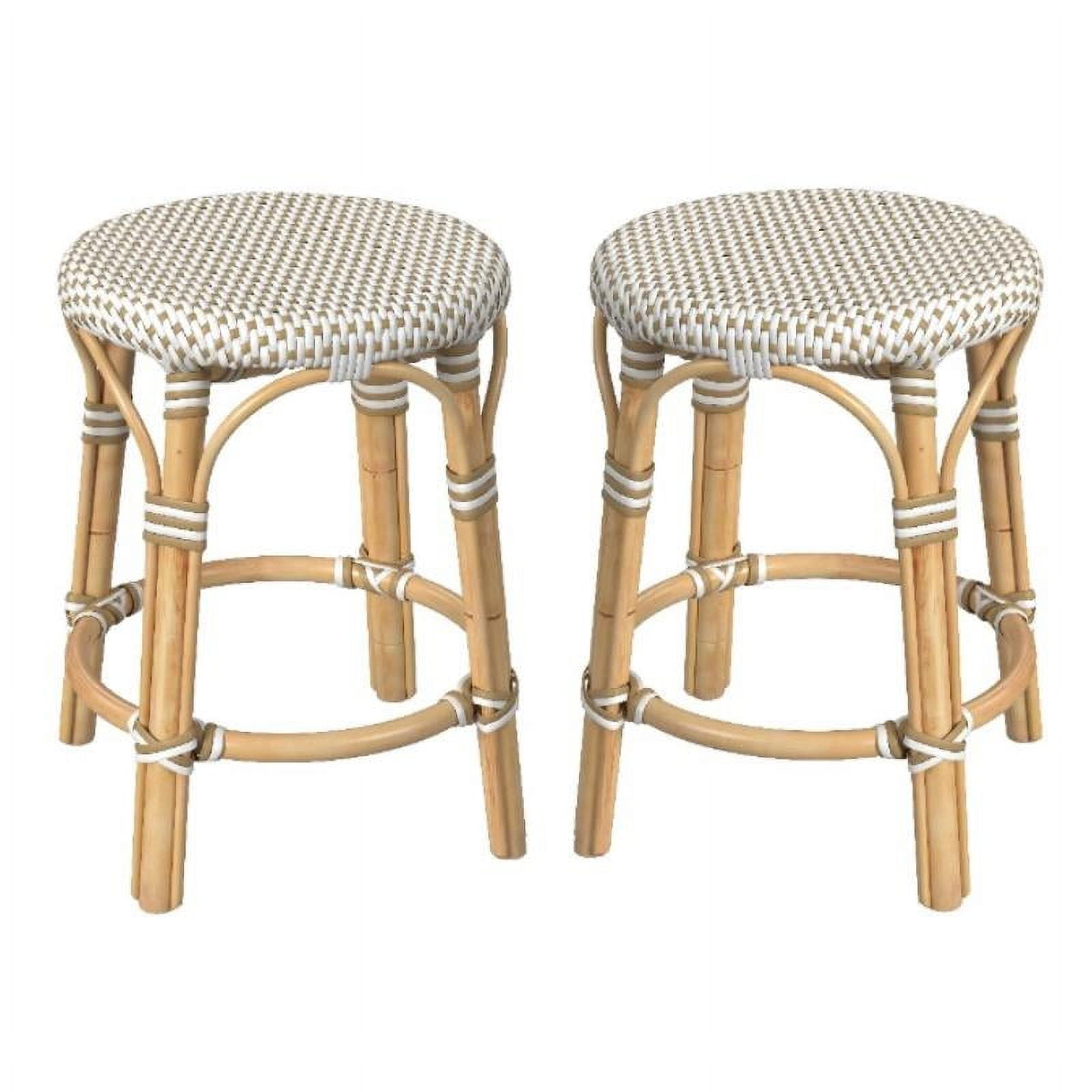 Home Square 18" Rattan Round Stool in White and Tan Dot Set of 2