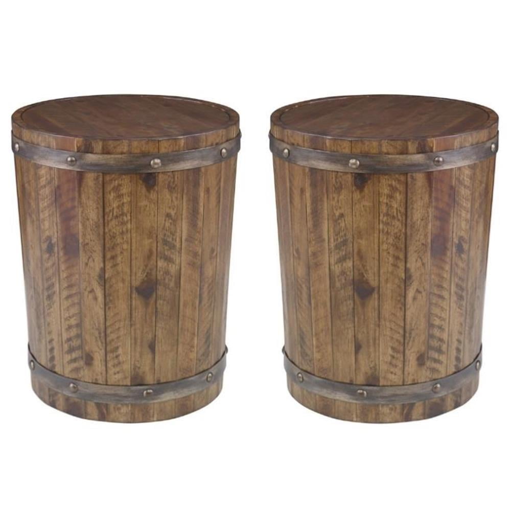 Walnut and Metal Round Wine Barrel Accent End Table Set