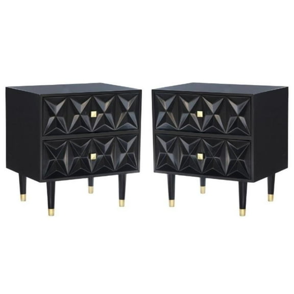 Home Square 2 Drawer Wood Geo Texture Nightstand in Black - Set of 2