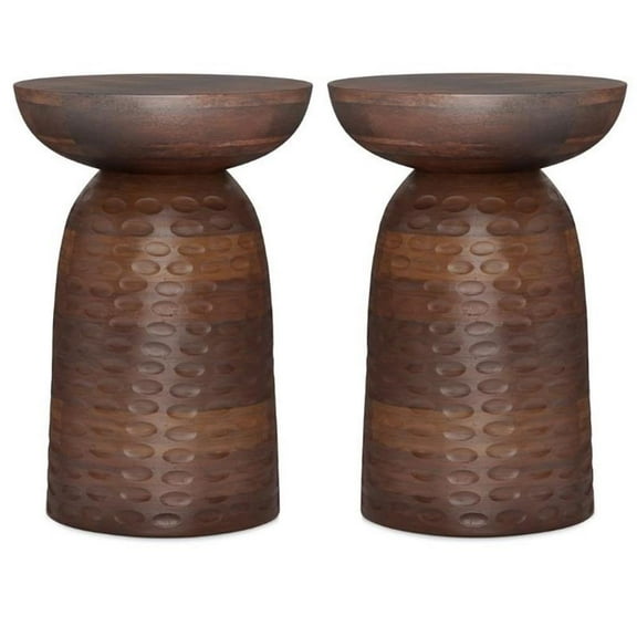 Home Square 2-Piece 13" Round Solid Wood Accent Table Set in Warm Dark Brown