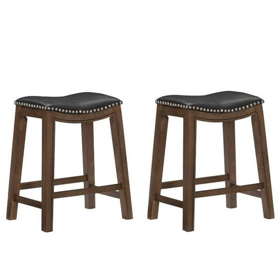 Home Square 2 Piece 24" Faux Leather Saddle Counter Stool Set in Black