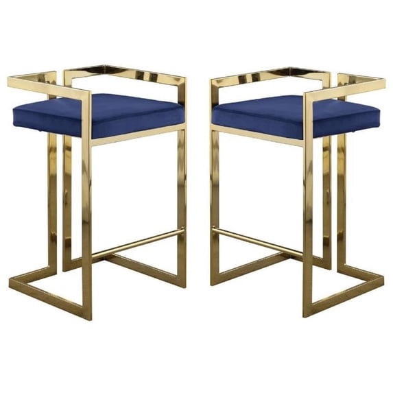 Home Square 2 Piece 27" Velvet Counter Stool Set with Gold Metal Base in Navy