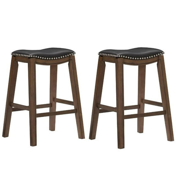 Home Square 2 Piece 29" Upholstered Faux Leather Saddle Bar Stool Set in Black