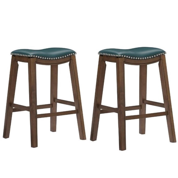 Home Square 2 Piece 29" Upholstered Faux Leather Saddle Bar Stool Set in Green