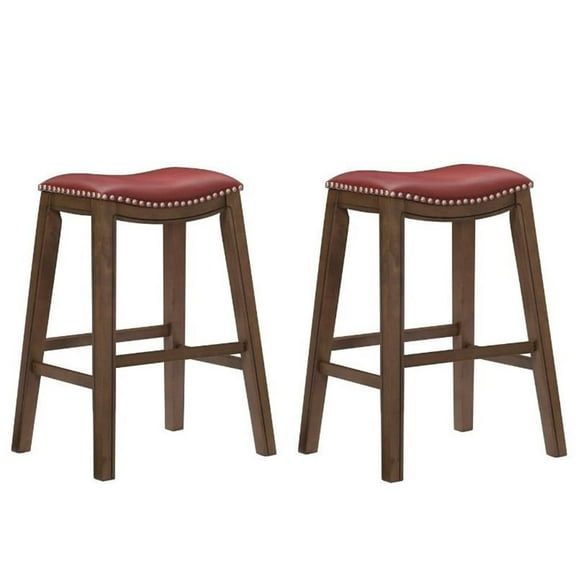 Home Square 2 Piece 29" Upholstered Faux Leather Saddle Bar Stool Set in Red