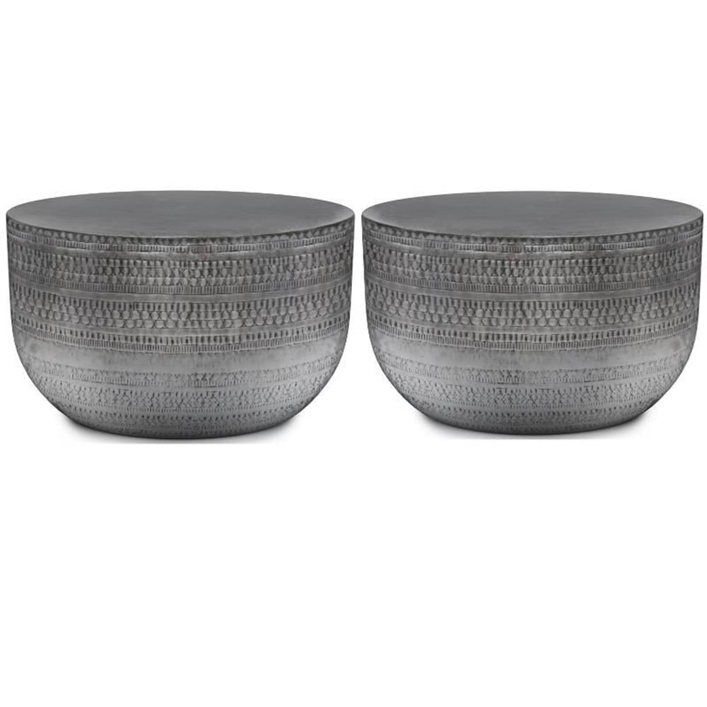 Antique Silver Handcrafted Round Metal Coffee Table Set